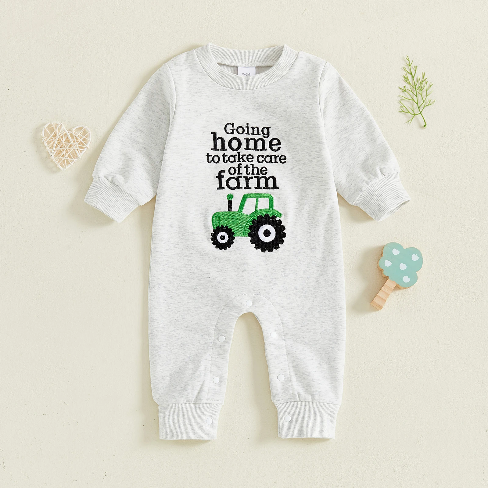 Newborn Baby Boy Sweatshirt Romper Fall Crew Neck Long Sleeve Letters Truck Embroidery Jumpsuit
