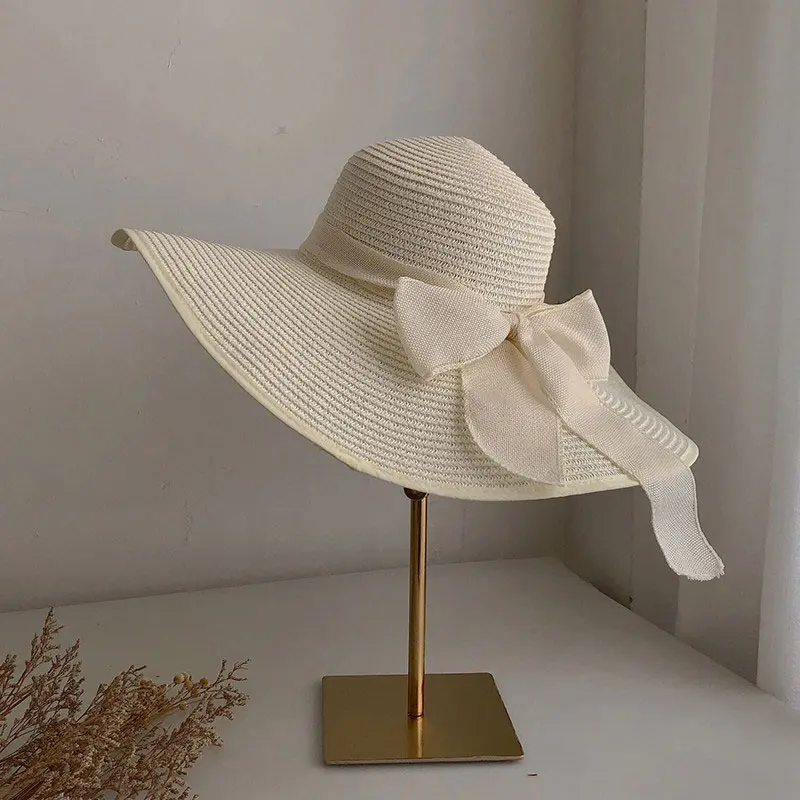 Summer Women Straw Hat Bowknot Wide Brim Floppy Panama Hats Female Lady Outdoor Foldable Beach Sun Cap