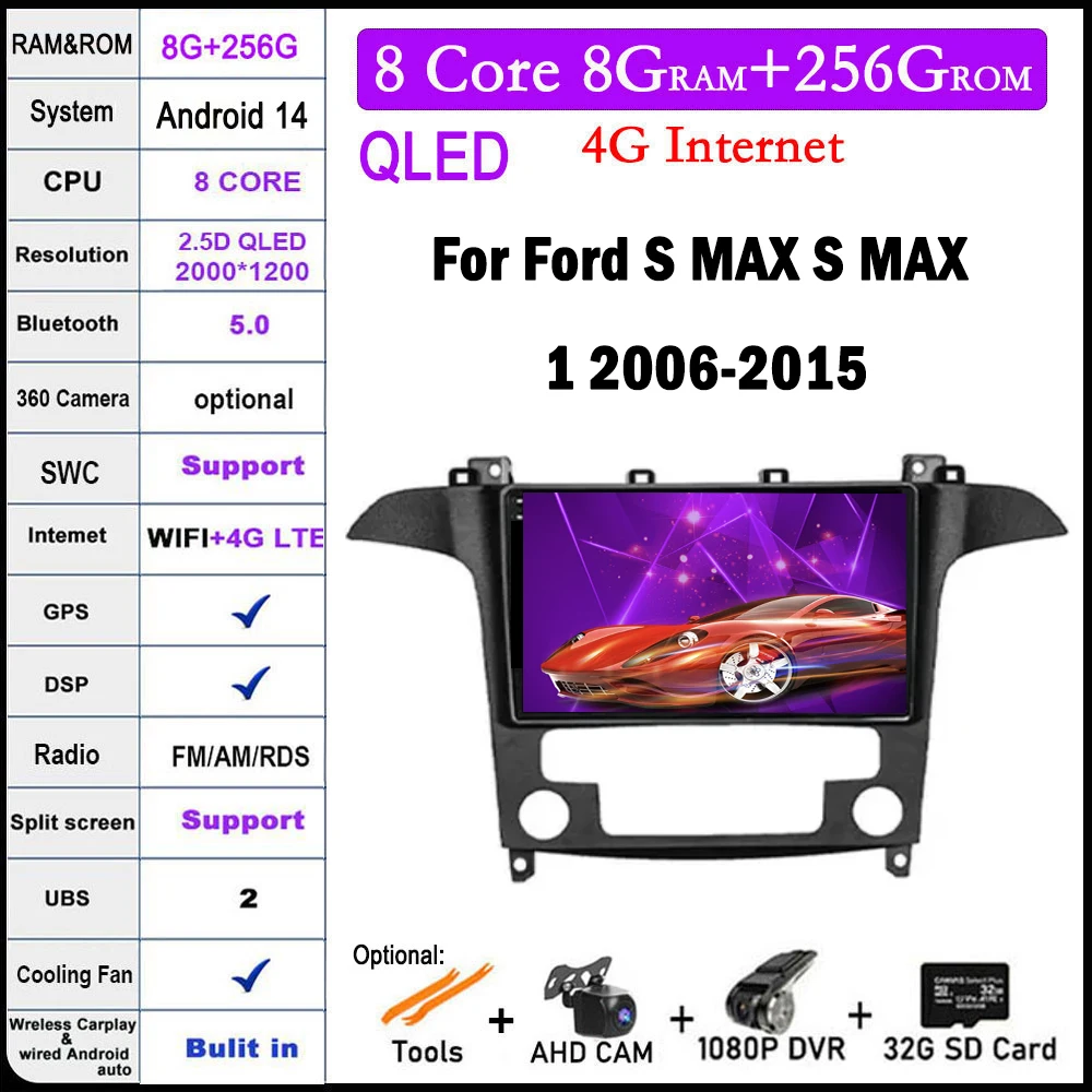

Мультимедийная магнитола 9 дюймов, мультимедийная стерео-система на Android 14, с GPS, 4G, Wi-Fi, для Ford S MAX 1, 2006-2015