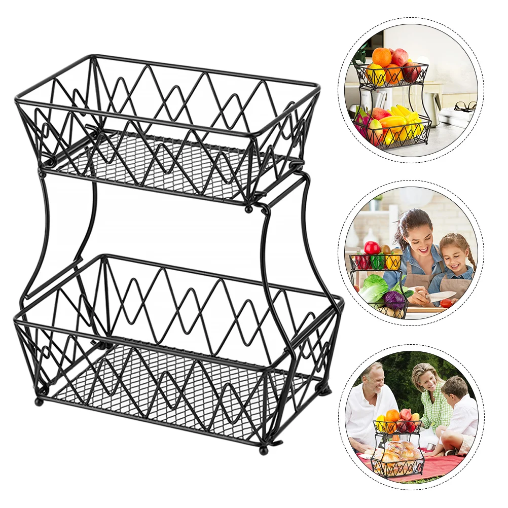 

2-Tier Fruit Vegetable Basket Black Detachable Storage Stand Kitchen Counter Organizer Stable Non Slip Fruit Holder Bread Tray
