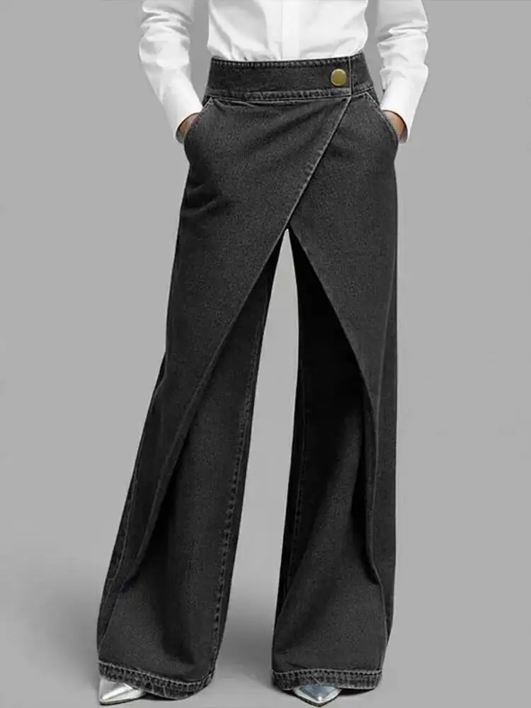American Style Trendy Jeans High Waist Irregular Spliced 2 Colors Loose All Match Wide Leg Denim Pants 2026 Spring 4OQT