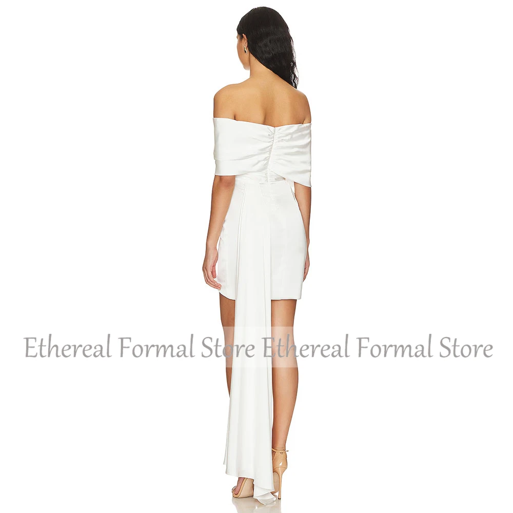 ファッションオフショルダーカクテルドレスミニショートアイボリーサテンパーティードレス高品質イブニングドレス膝丈サウジドレス