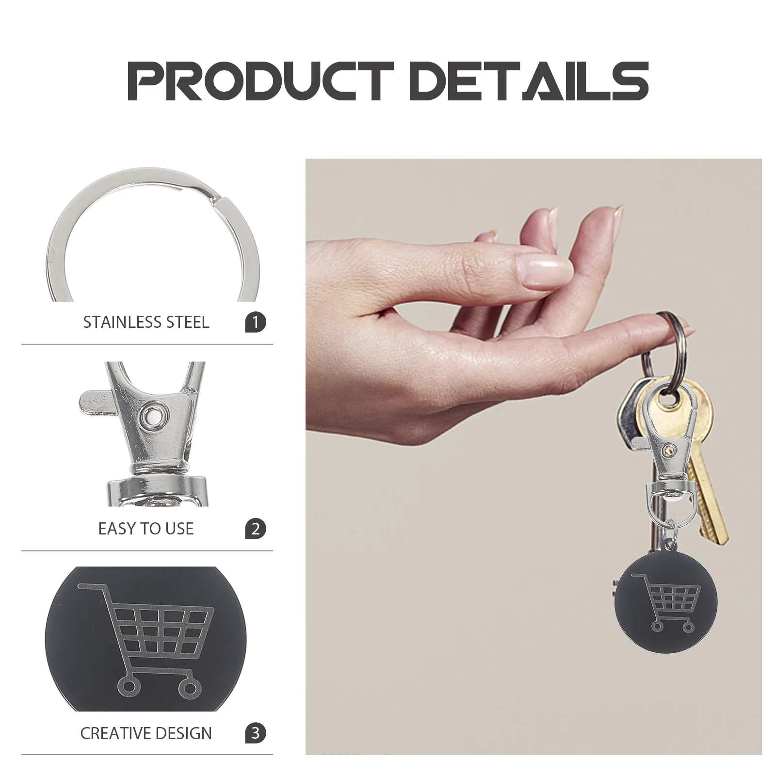 3 Pcs Portable Shopping Cart Keychain Trolley Token Coin Keyring Rings Black Pendant