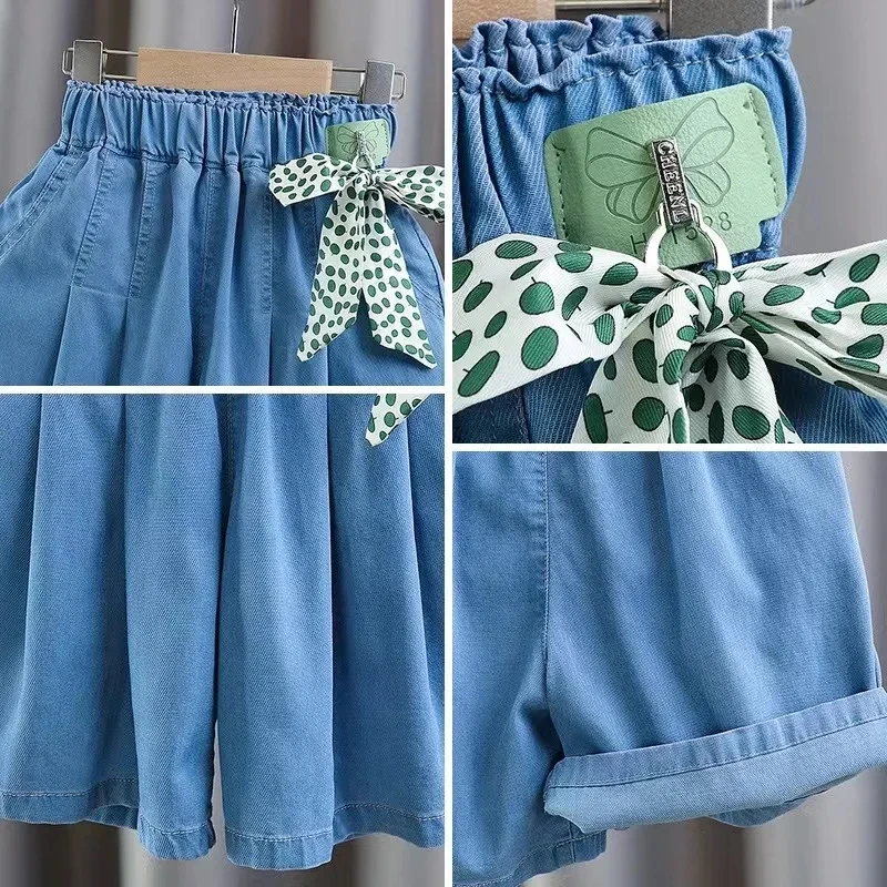 6-15 Years Kids Denim Skirt Shorts for Grils Elastic Waist  Loose Short Pants Teenager Girls Summer Shorts with Bow 10 12 13