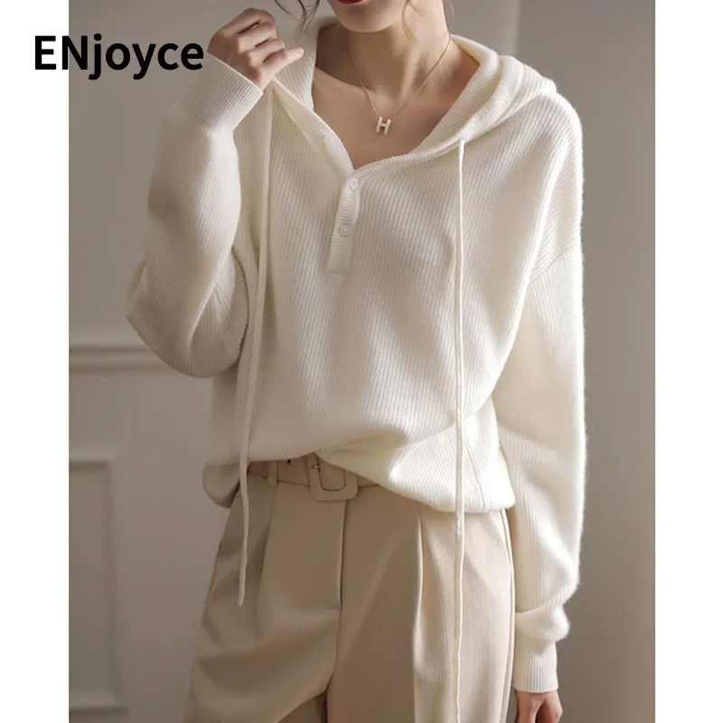 

Winter New 100%Cashmere Wool Hooded Sweater Women Loose Thick Soft Warmer Solid Color Matching Knitted Bottoming Shirt Female