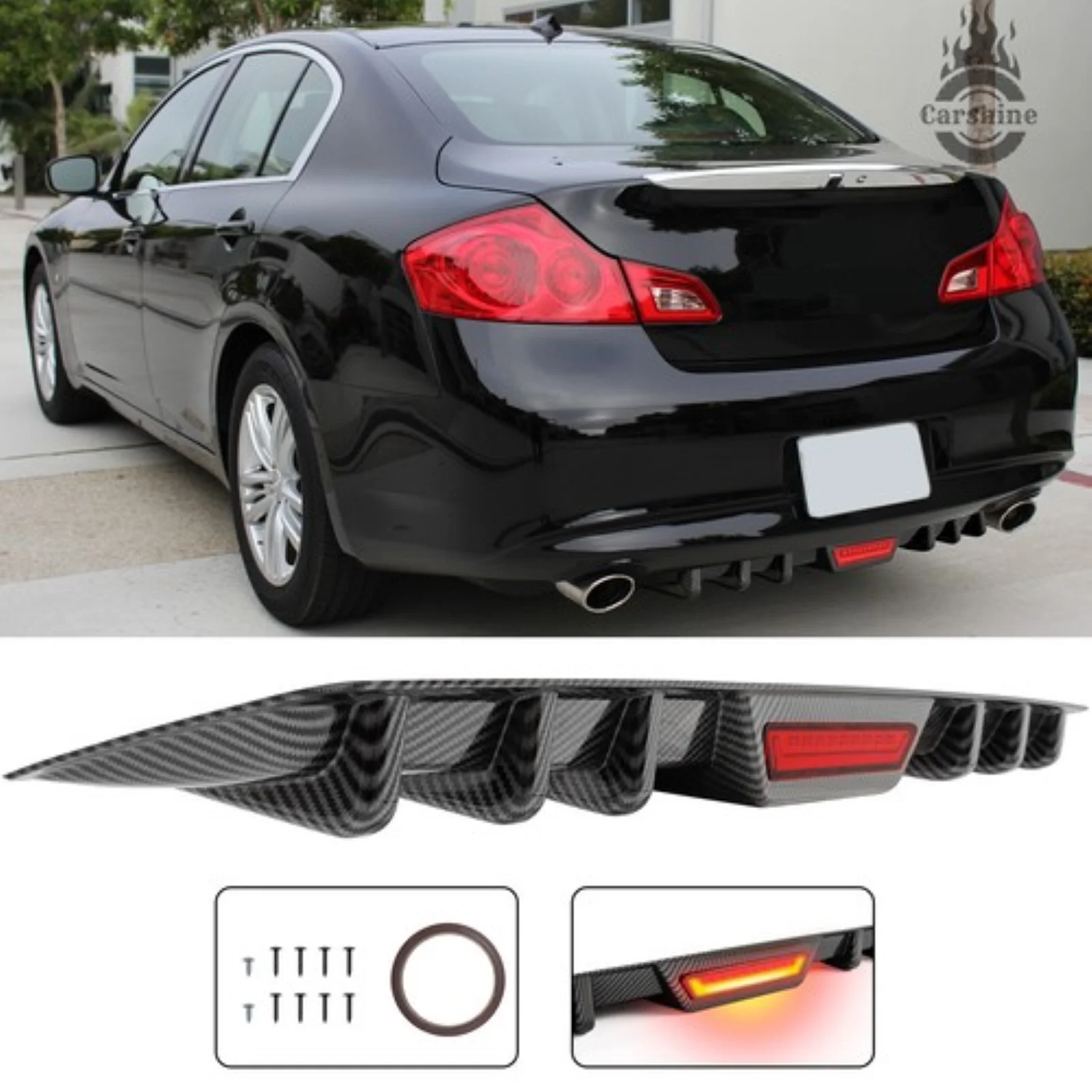 Carbon Fiber Rear Bumper Diffuser Canard w/LED Tail Light For Infiniti Q40 Q50 Q60 Q70