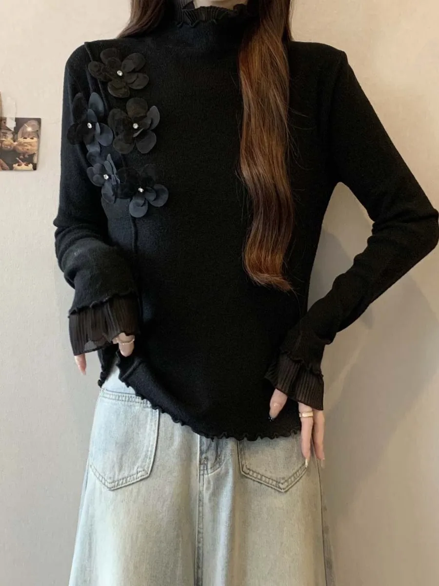 

Bla 3D Flower f High Ne Knitted Sweater Women's Inner Wear Base irt Top plus Size Faion Autumn Winter New Arrival