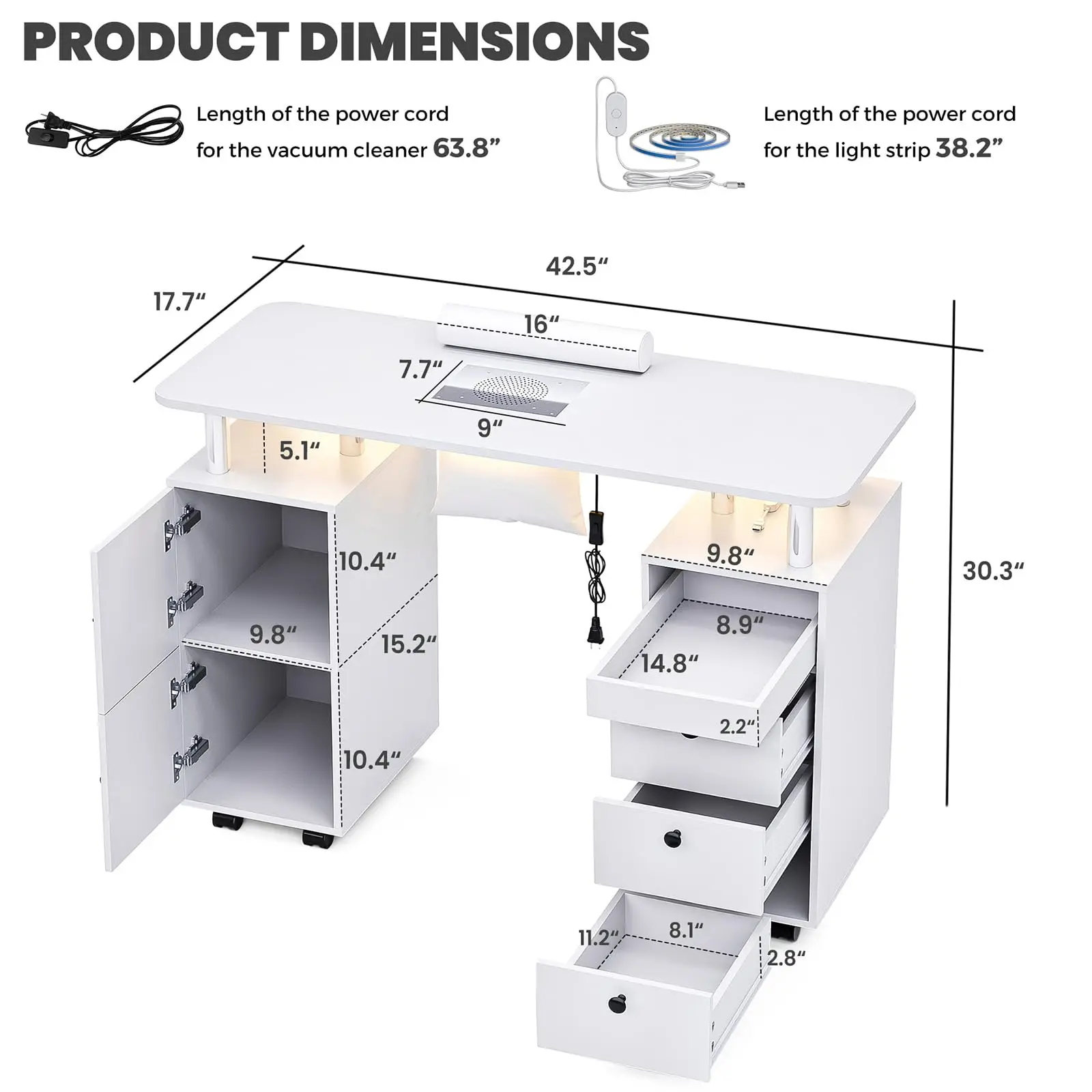 Nail Tech Table with Dust Collector & LED Light, Rolling Manicure Desk with Storage Drawers & Cabinets, Lockable