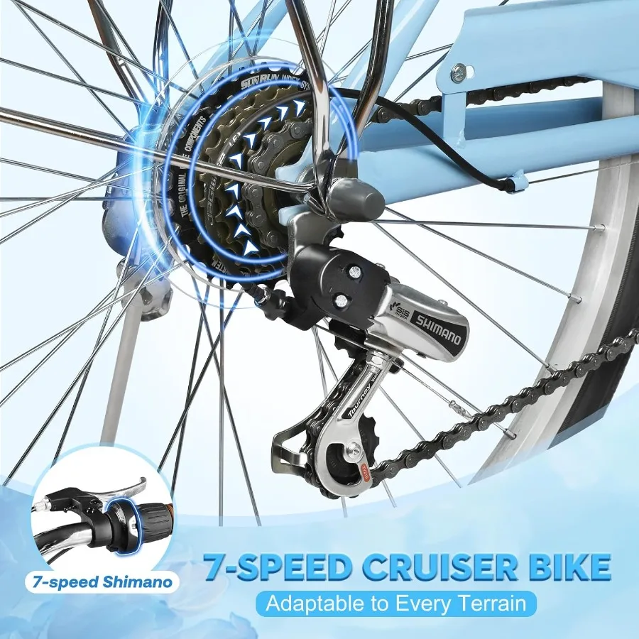 Vélo de plage pliant de 26 pouces pour femme avec système d'engrenage à 7 vitesses, comprend un panier de rangement et un support arrière, idéal pour les commandes urbaines