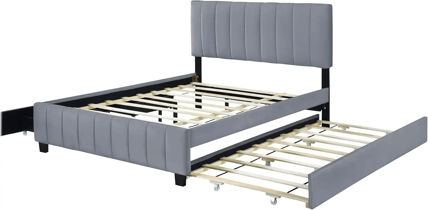 Velvet Queen Platform Bed With 2 Drawers & 1 Twin Xl Trundle, Upholstered Queen Size Bed Frame With Storage & Headboard For