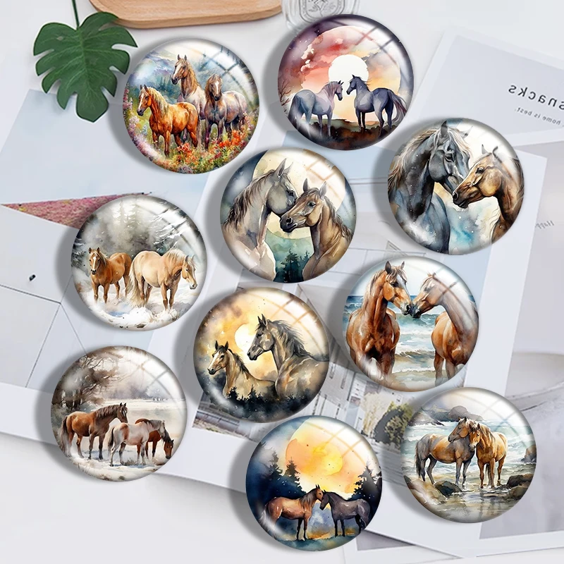 Watercolor Horses  12/18/20/25mm glass cabochon  bracelet pendant rings for jewelry demo earrings back Making findings