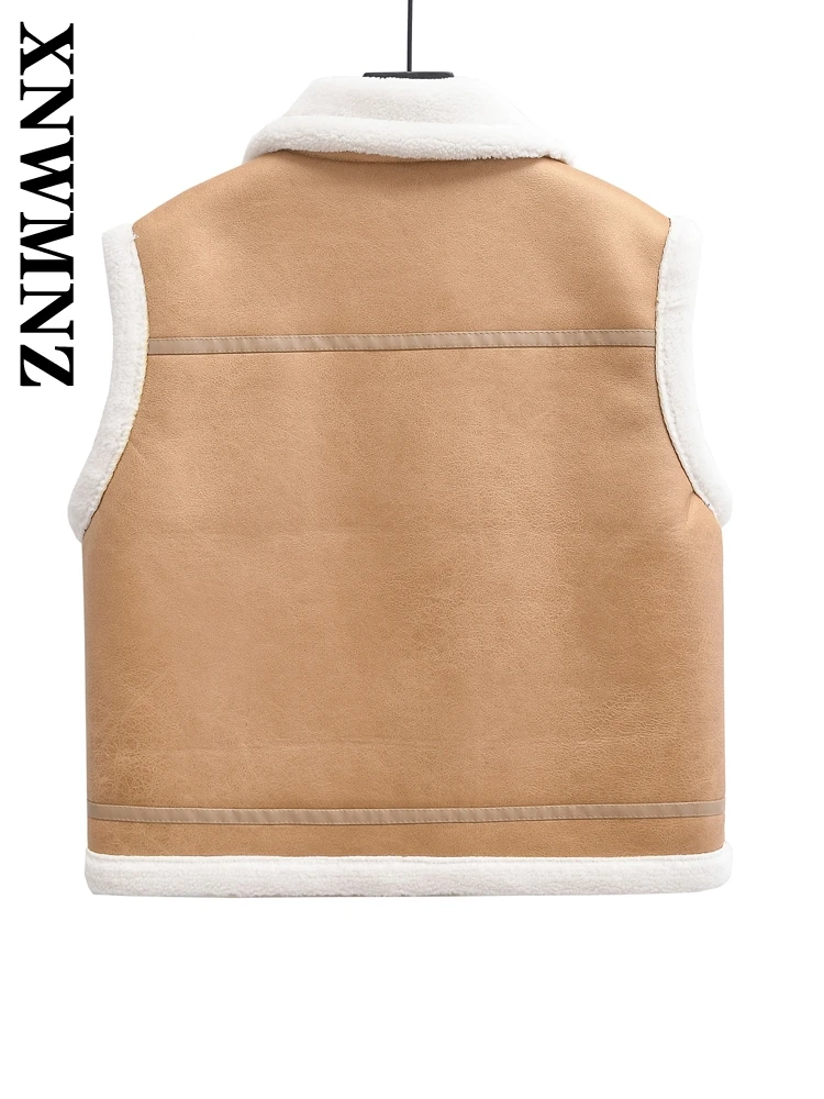 XNWMNZ 2024 otoño nueva moda femenina cuello vuelto chaleco de lana Top clásico señora chaleco sin mangas mantener caliente chaleco con cremallera