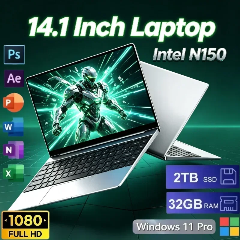 14.1 Inch Student‑Oriented Laptop Intel N150 Windows 11 32GB RAM 2TB SSD Portable Slim Notebook For Office Work Home Usage