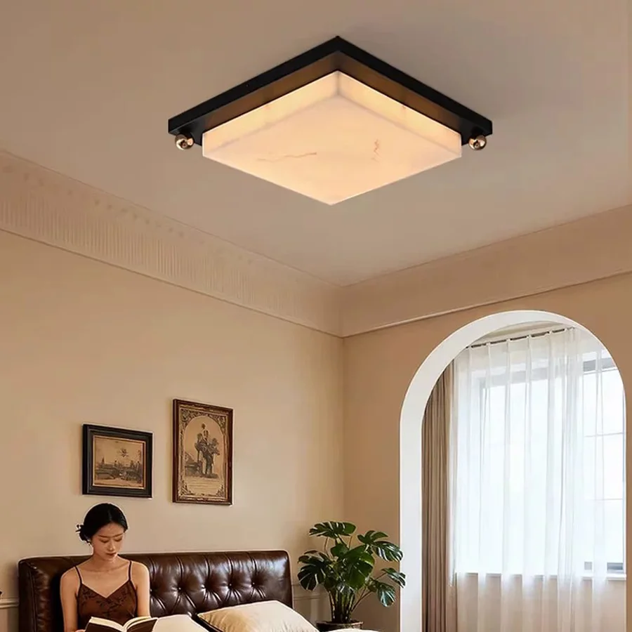 Vintage Square LED Flush Mount Ceiling Light Marble Texture Black Frame Lamp for Bedroom Living Room Home Decor