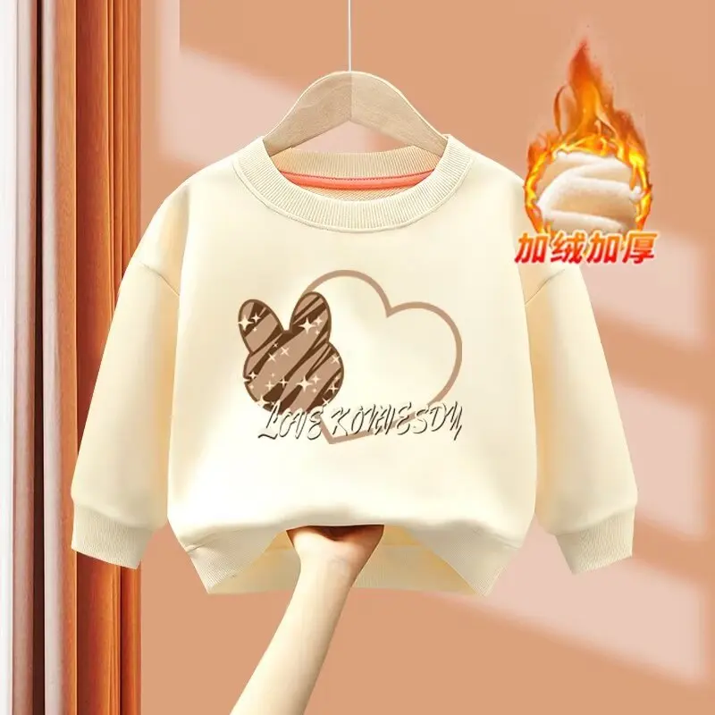 Winter Girls' Velvet Sweatshirts Children's Thick O Neck Warm Long Sleeved T-shirt Cartoon Printed Top Kids Clothes Girls New