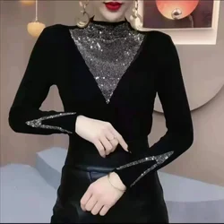 2023 Spring and Autumn New Featured Velvet Western Style Slim Weight, Hot Diamond Long Sleeve Half High Neck T-shirt Fashion Top