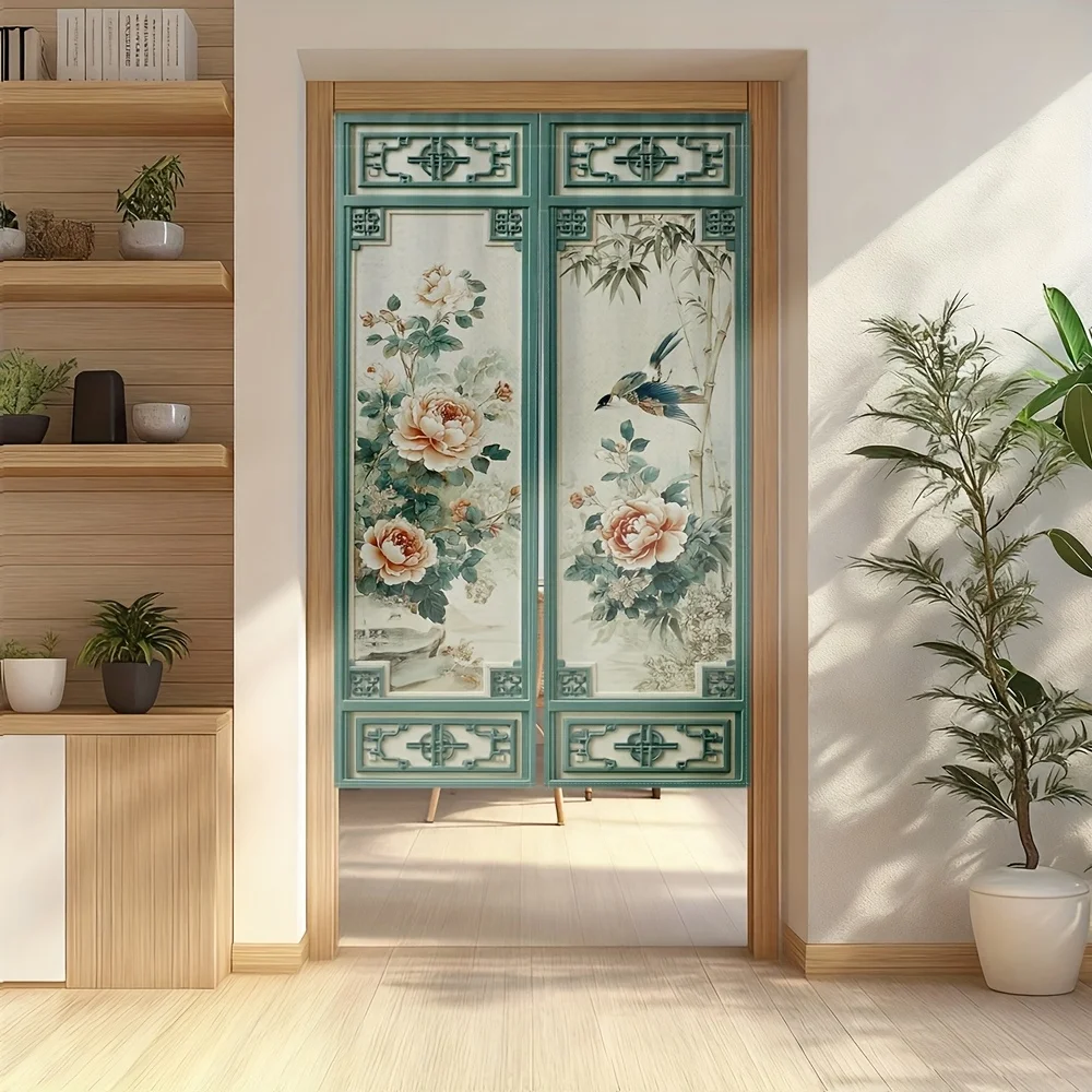 Vintage Floral Glass Room Divider Screen Door Set Cottagecore Style Decorative Indoor Paneled Glass Home Decor Partition