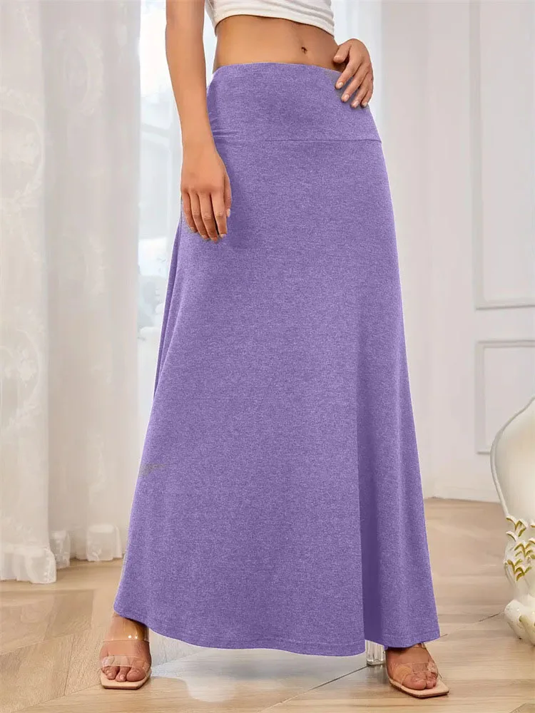 Women's Solid Color High Waist Maxi Skirt Flared Loose Casual Long Skirt Comfortable Daily Wear Skirt For Dating & Vacation