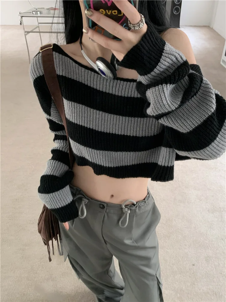 Long Sleeve Top Knitted Korean Style Crop Sweaters Off The Shoulder Tops Cute Clothes Sexy Black Grey Striped Knitwears New In