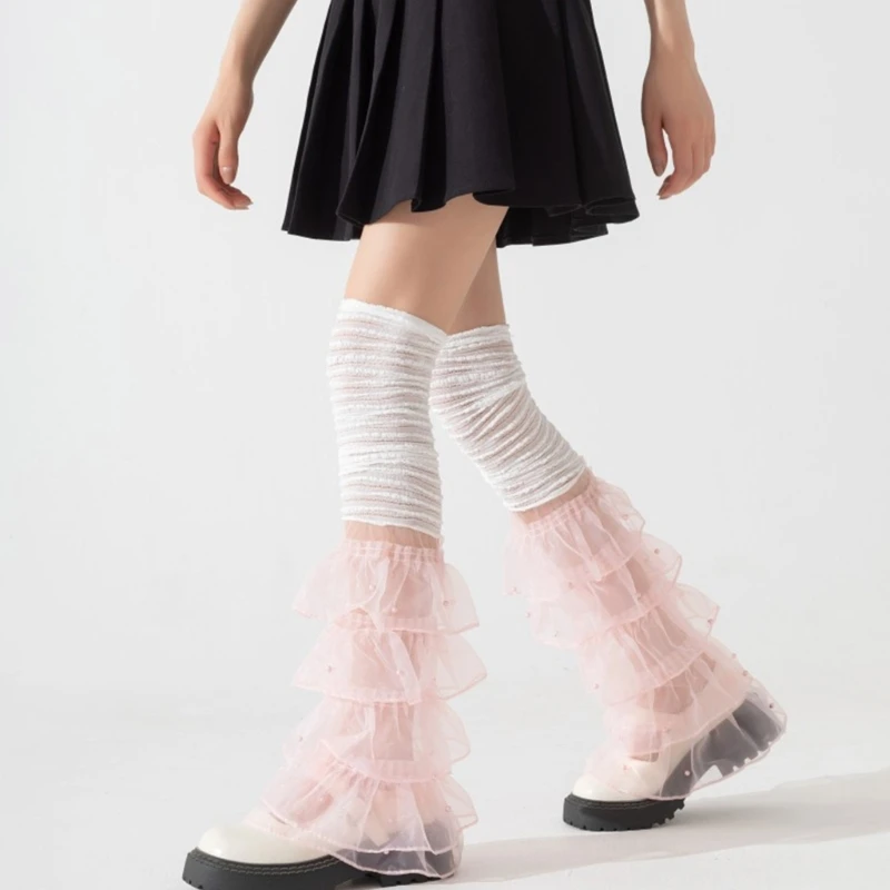 Women Girls Lace Thigh High Leg Warmers Japanese Loose Sheer Mesh Leg Cover Princesses Frilly Boot Socks image 2