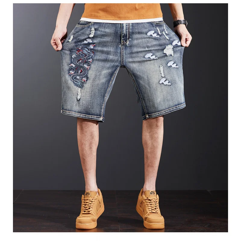 2024 New Chinese Dragon Embroidered Denim Shorts Men's Loose Hole plus Size Retro Washed Street Shorts