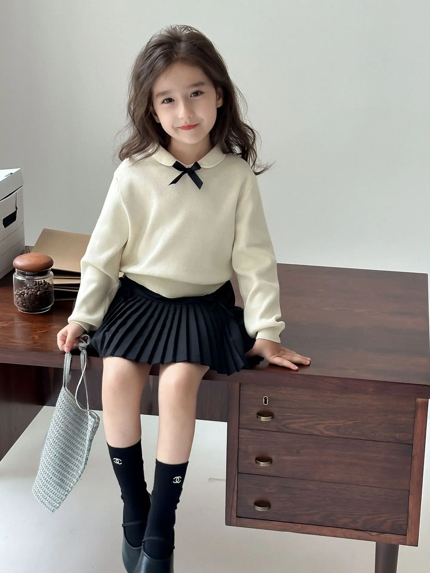 Girl Sweater Autumn Academic 2024 Bow Head Cover Sweater Doll Collar Tops Causal Versatile Childrens Clothing Sweet