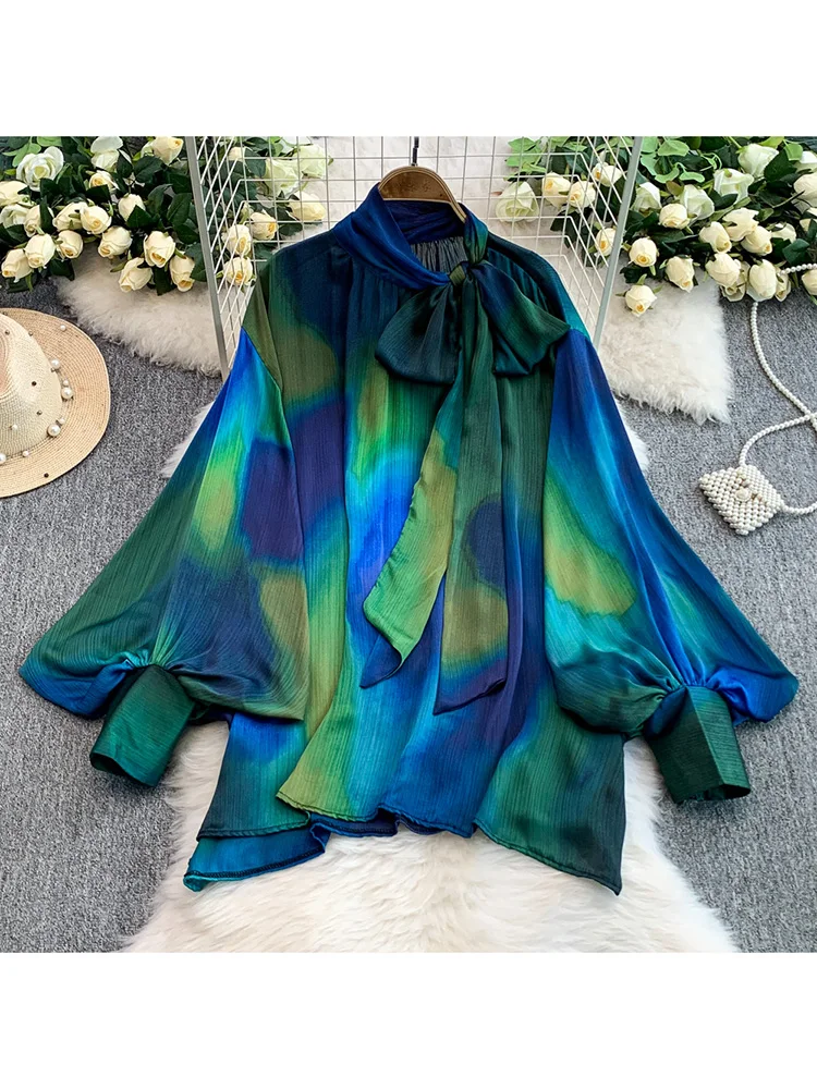 

Women's Spring Blouse Lace Up High Street Bow Lantern Sleeve Shirt New Style Temperament Dyed Print Loose Slimming Top BL185