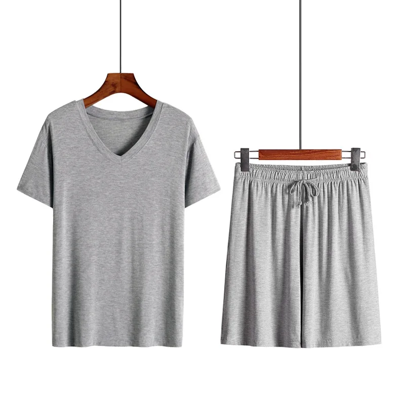 Ropa de casa de Modal para hombre, camiseta de manga corta con cuello en V, pantalones cortos, 2 uds., pijamas finos de talla grande para hombre, ropa de dormir