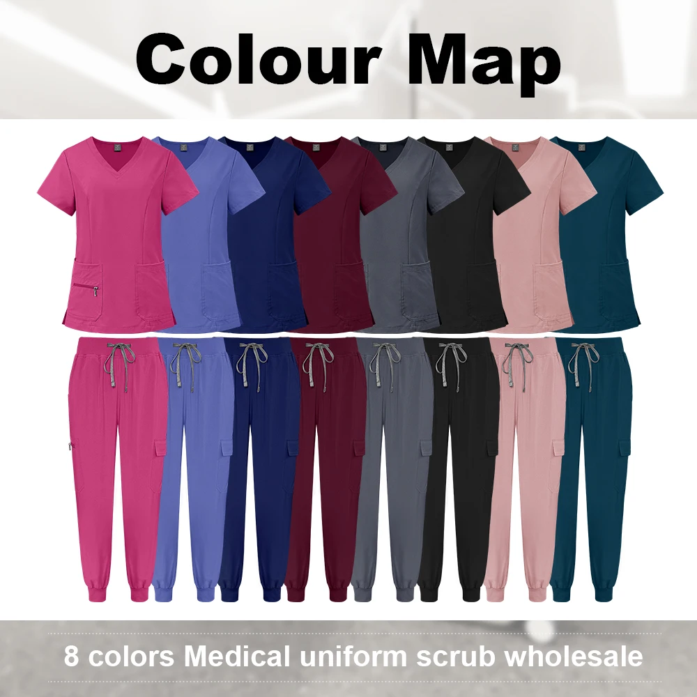 Zestaw medyczny Niaahinn: uniform pielęgniarski, lekarski, bluza z krótkim rękawem i dekoltem w serek, spodnie typu jogger, kieszenie na zamek, damski zestaw do pracy w szpitalu lub spa.