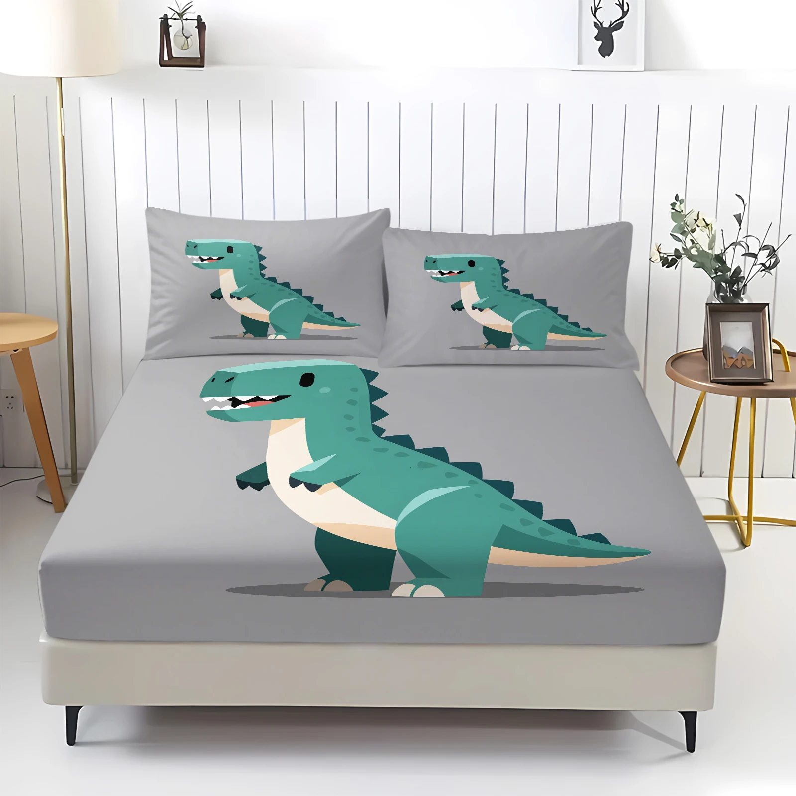 漫画風の緑色の恐竜柄のシーツセット。グレーのベースにティラノ - Fitted Bed Sheets Deep Pocket のレビューと価格