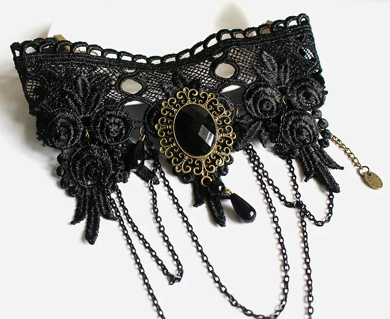 fashion Gothic Victorian Black Lace Necklace Women Girl Boho Crystal Tassel Sexy Choker Steampunk Style Halloween Jewelry