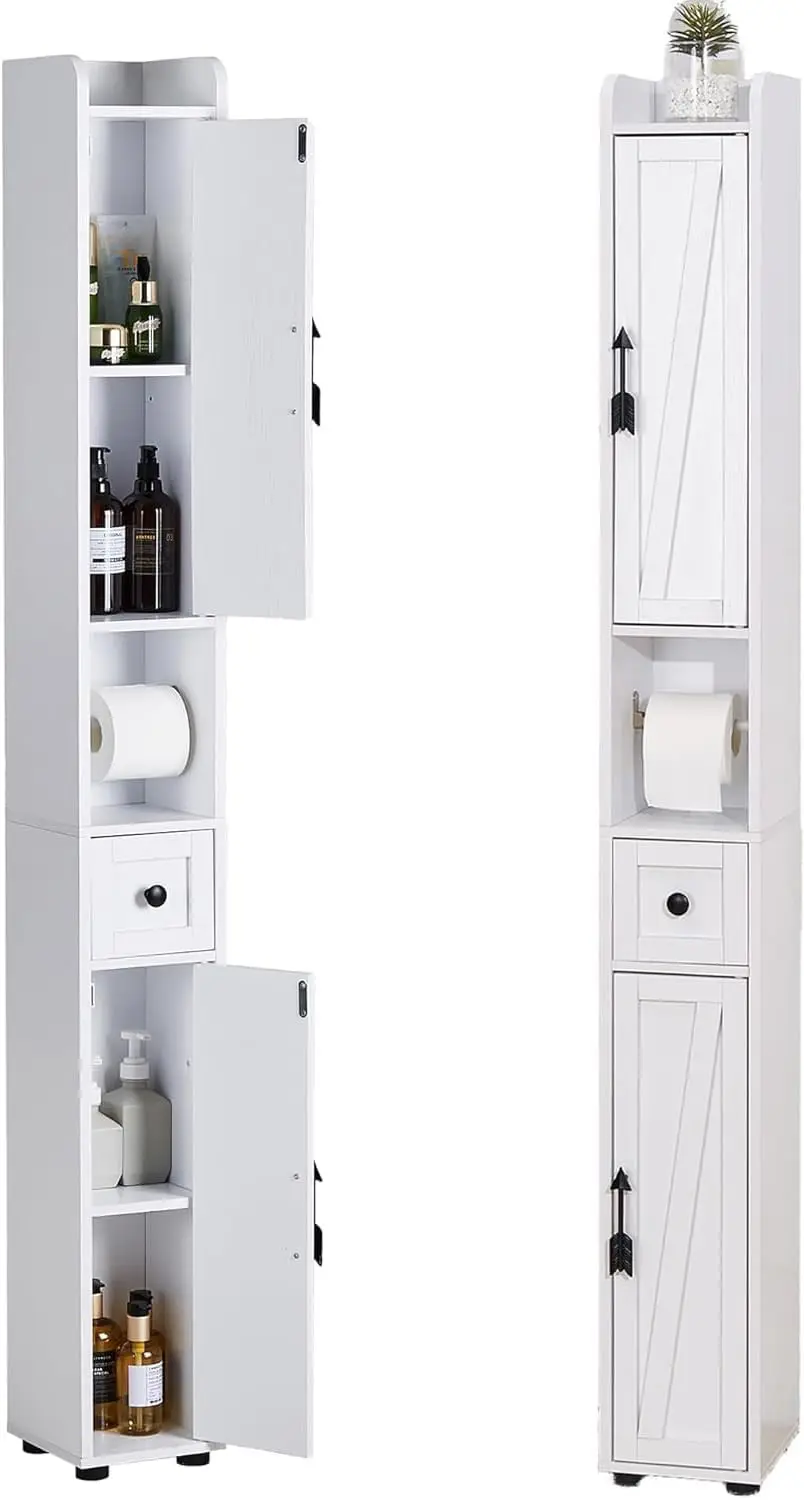 

67' Tall Narrow Bathroom Cabinet with Adjustable Shelves, Magnetic Doors, Drawer, Toilet Paper Holder, Pearl White