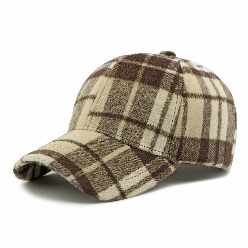 Unisex Plaid Baseball Cap Adjustable Warm Polyester Duckbill Hat for Fall Winter 55-60cm Bowed Brim