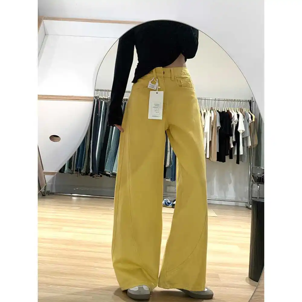 Korean Style Wide Leg Baggy Jeans For Women High Waist Chic Casual Streetwear Yellow Female Y2k Pants Denim Trousers