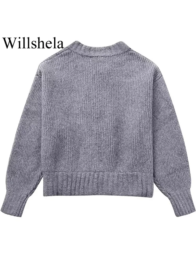 Willshela Women Fashion Grey Front Zipper Knitted Sweater Vintage O-Neck Long Sleeves Female Chic Lady Tops Outfits