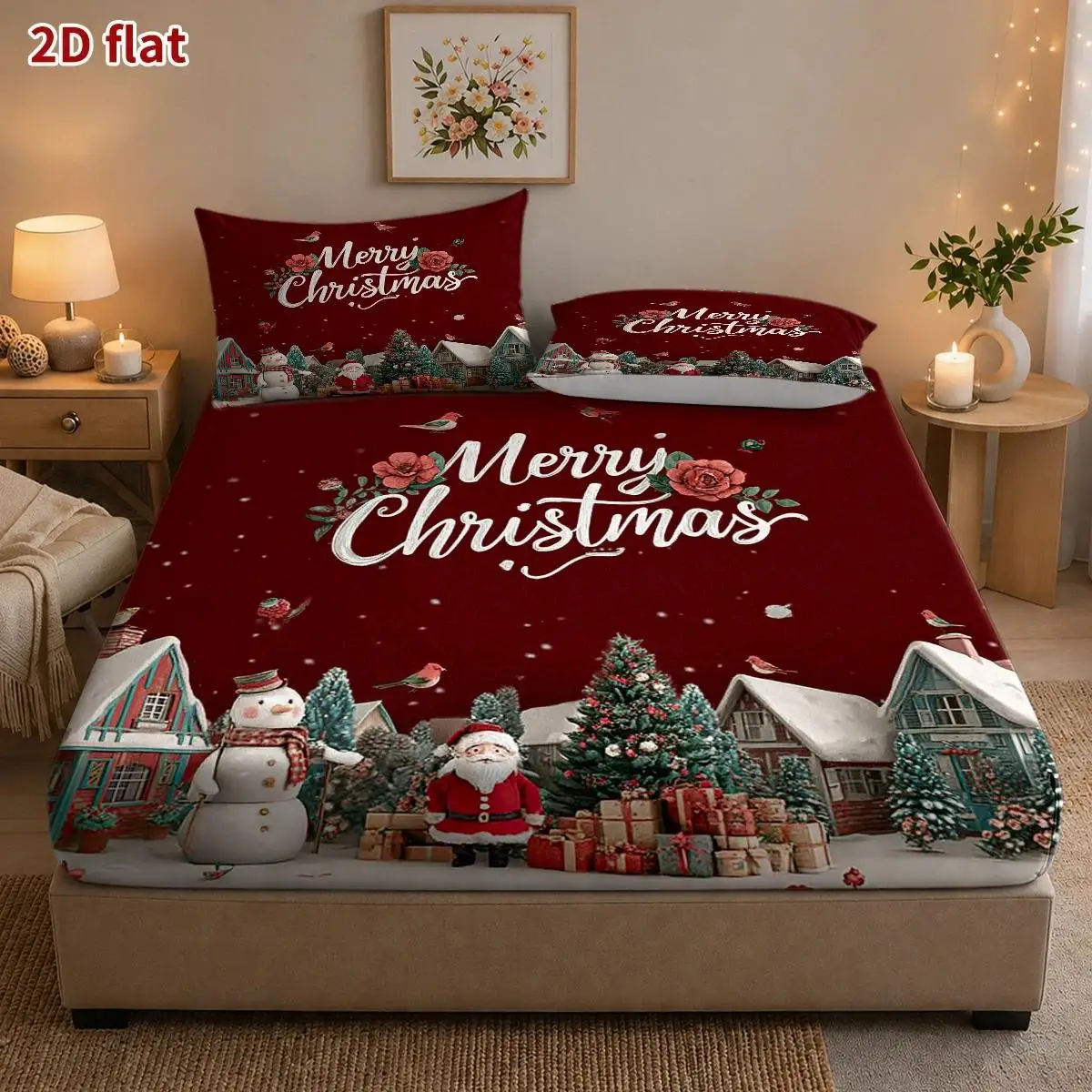 Santa Claus Snow Scene Three-Piece Bedding Set (Includes 1 Fitted Sheet + 2 Pillowcases) Mattress Protector, Fitted Elastic Style, Protective Cover, 2D Flat Printing, Mattress Protector, Christmas Limited Edition, Suitable for All Seasons, Machine Washable Design, Holiday Decoration, Various Sizes, Breathable Protective Cover with Pillowcase