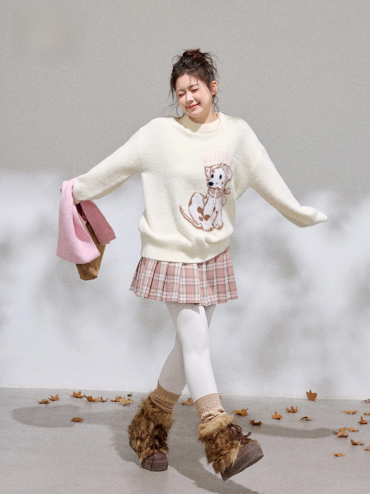 

plus Size Winter Outfit White Sweater And Pink Plaid Skirt Set for Women Korean Style Commute Casual High Waist A-Line Skirt