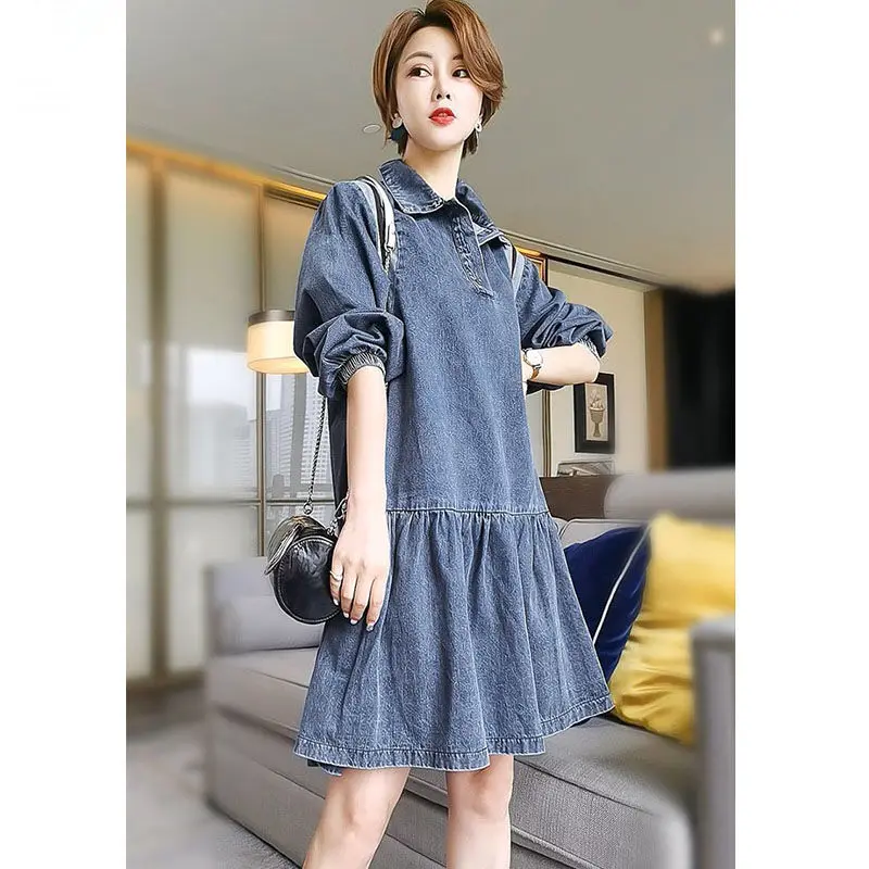 

Fashion Lapel Spliced Button Folds Casual Dresses Women's Clothing Autumn Winter Oversized Solid Color Commuter Mini Dress