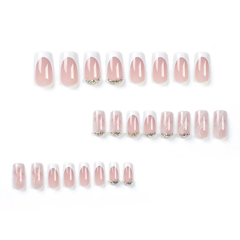 24 Stuks Manicure Draagbare Nagels Roze Halflange Stippellijnen Sprankelende Diamanten Nepnagels