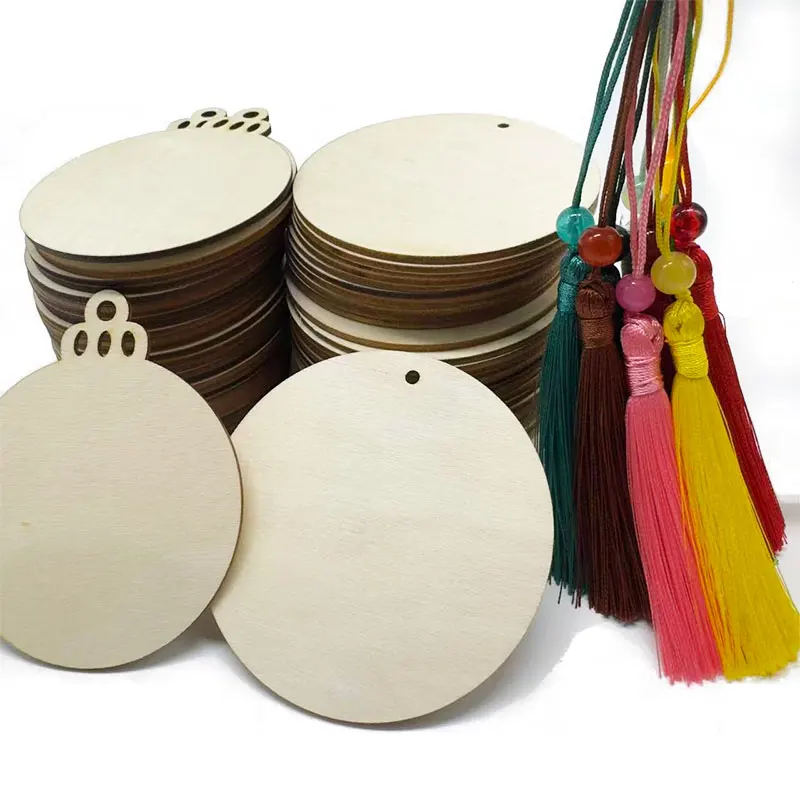 

10-30pcs Round Wood Slices Unfinished Predrilled Natural Wooden Discs with Tassel For DIY Crafts Wedding Party Christmas Decor