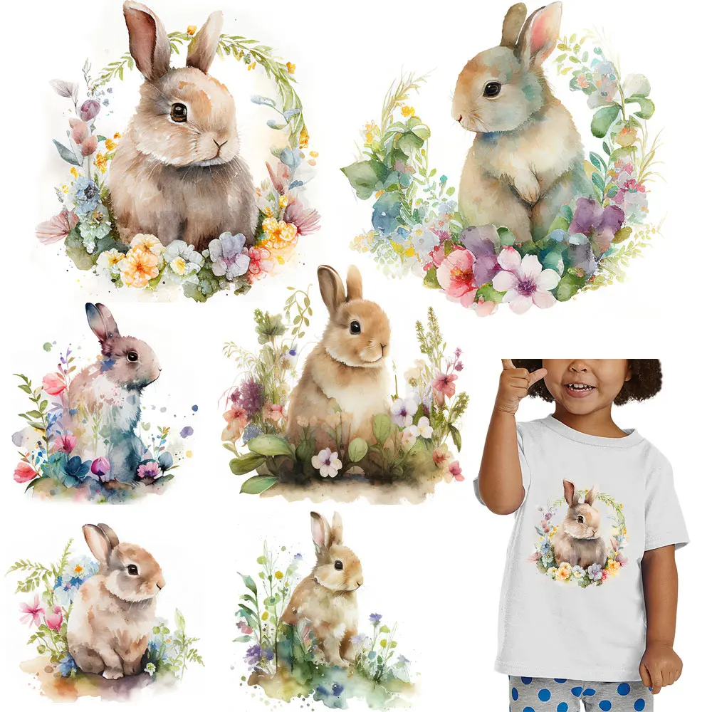 Easter Rabbit Bunny Heat Transfer Patches For Clothing Thermal Stickers For T-Shirt Decals DIY Iron On Patches Clothes Stripe