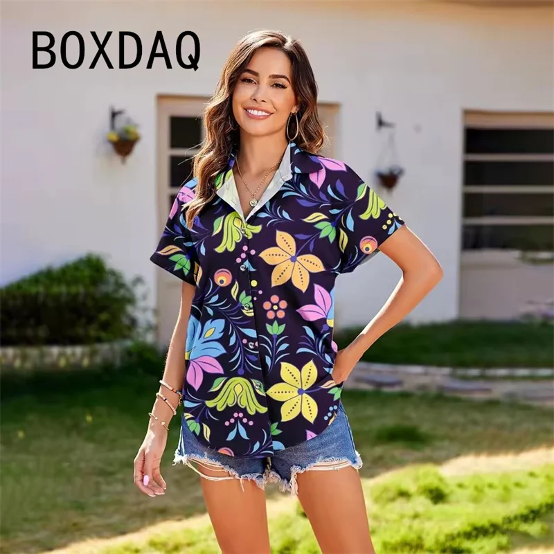 

Women Summer Beach Style Holiday Shirt Vintage Floral Casual Button Short Sleeve Turn-down Collar Blouse Casual Summer Wear