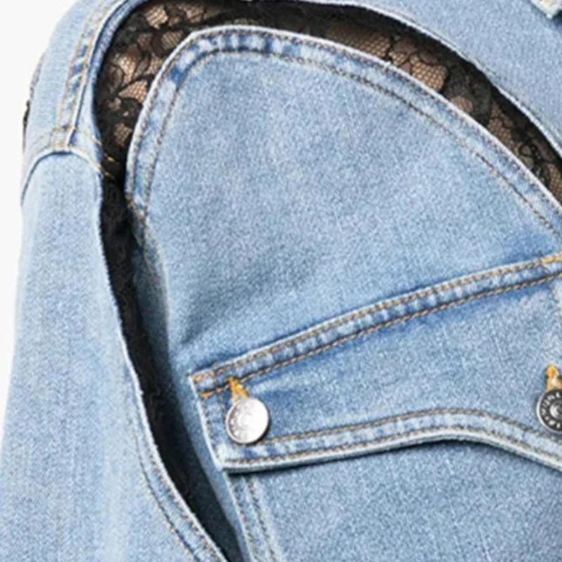 Zoci moda preto rendas retalhos denim jaqueta feminina lapela oco para fora único breasted irregular solto jaquetas novo fc1383