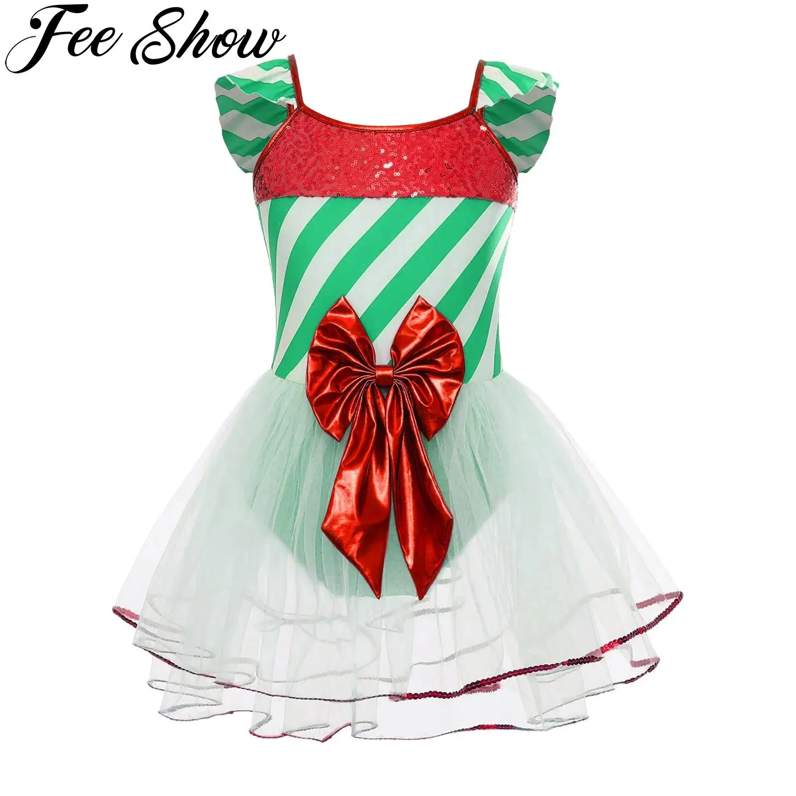 

Детский рождественский танцевальный костюм для девочек, рождественский балетный костюм-пачка в полоску с блестками и бантом, платье-пачка для фигурного катания, гимнастические купальники