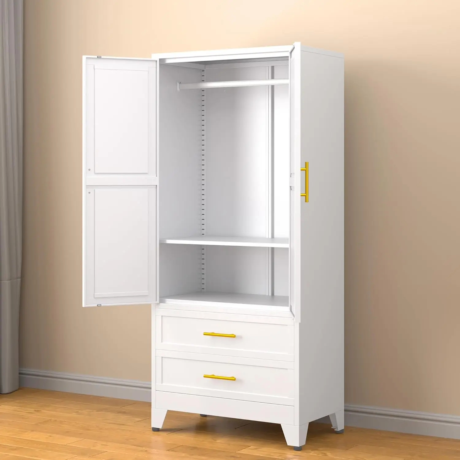 Storage Cabinet with 2 Doors, 1 Adjustable Shelf and 2 Draws, Armoire Wardrobe Closet with Hanging Rods for Home Office, Bedroom