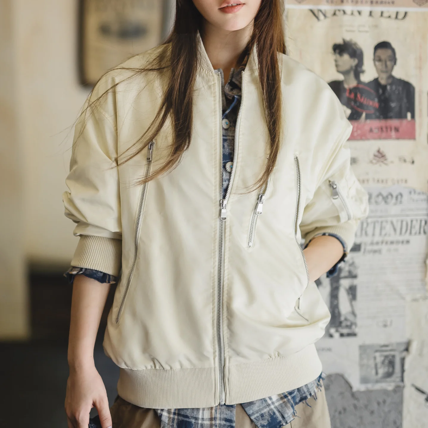 

Женская куртка-бомбер Maden L2B в винтажном стиле бейсбола, легкое короткое повседневное пальто цвета слоновой кости на молнии на весну и осень