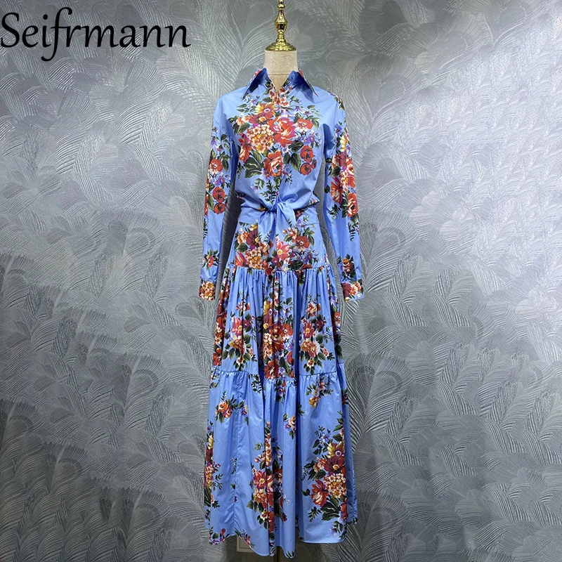 

Seifrmann 2026 Spring Women's New Fashionable lapel Long Sleeve Cotton Printed Shirt+Half Skirt Two Piece Set