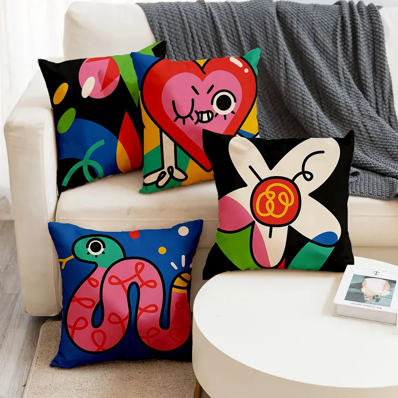 

Cartoon Pattern Flower Snake Heart Printed Soft Square Pillowslip Linen Blend Cushion Cover Pillowcase Living Room Home Decor