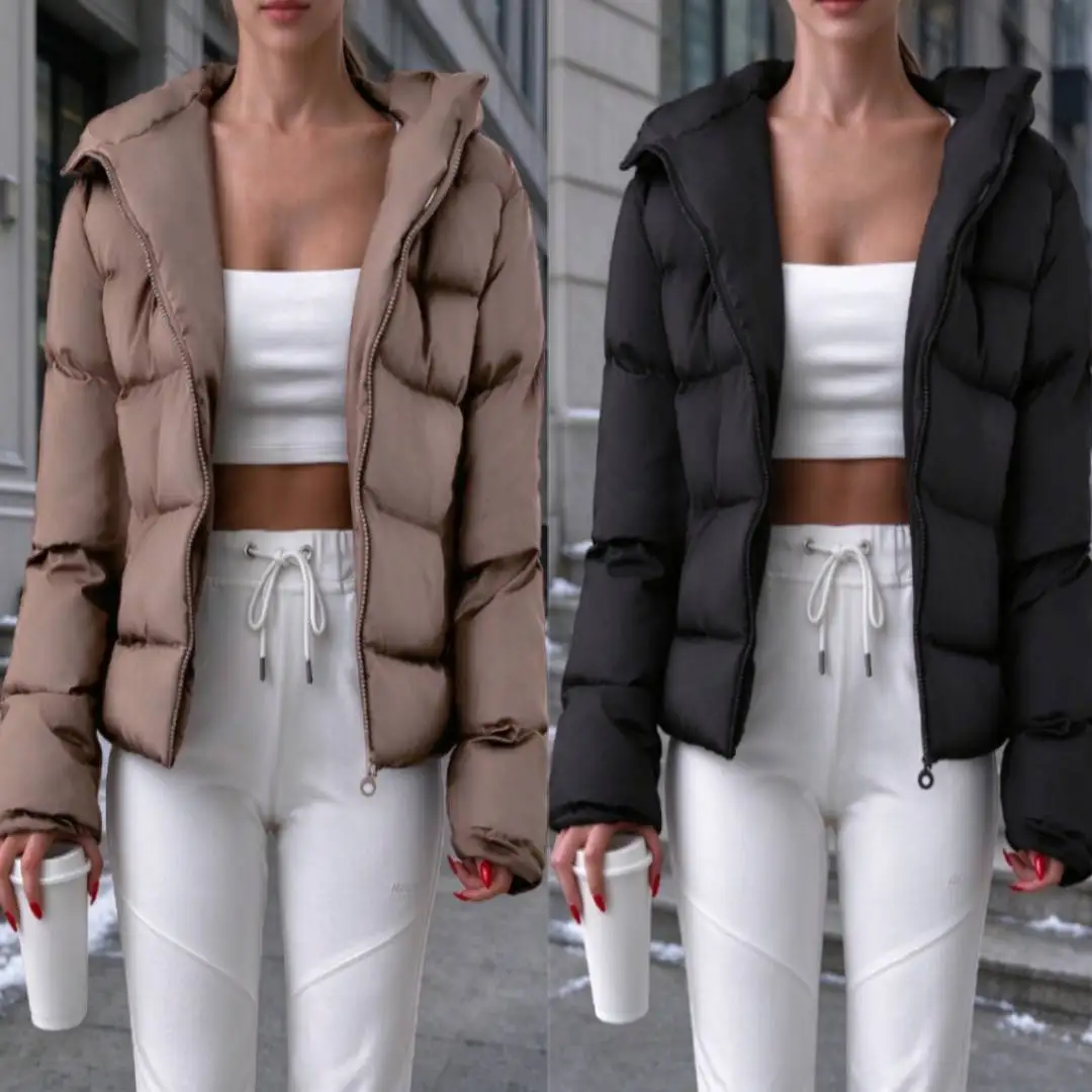 Women Puffer Coat Stand Collar Zip Up Short Warm Outwear For Winter Daily Wear