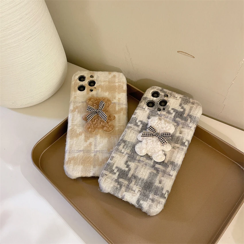 아이폰 16 15 14 13 Pro 12 11 Max Plus용 플러시 폰 케이스, 만화 곰 16Pro 폰 케이스, 체크 무늬 15Pro 커버, 귀여운 Xs 쉘